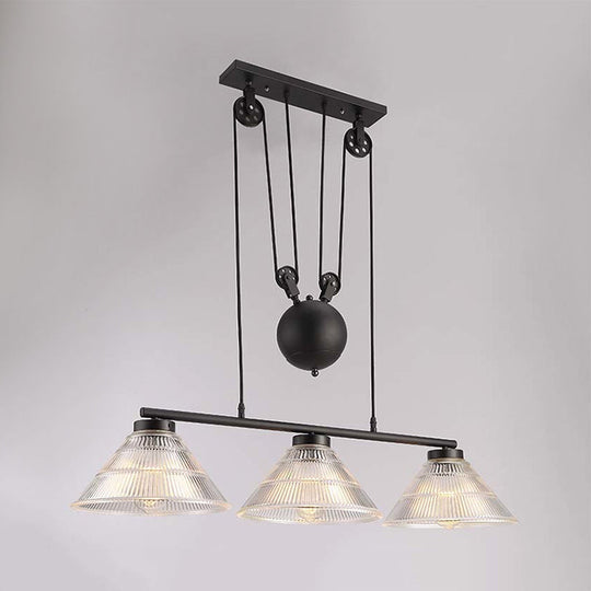 Adjustable Pulley Industrial Cone Pendant With Prismatic Glass - Black 2/3-Light Island Lamp