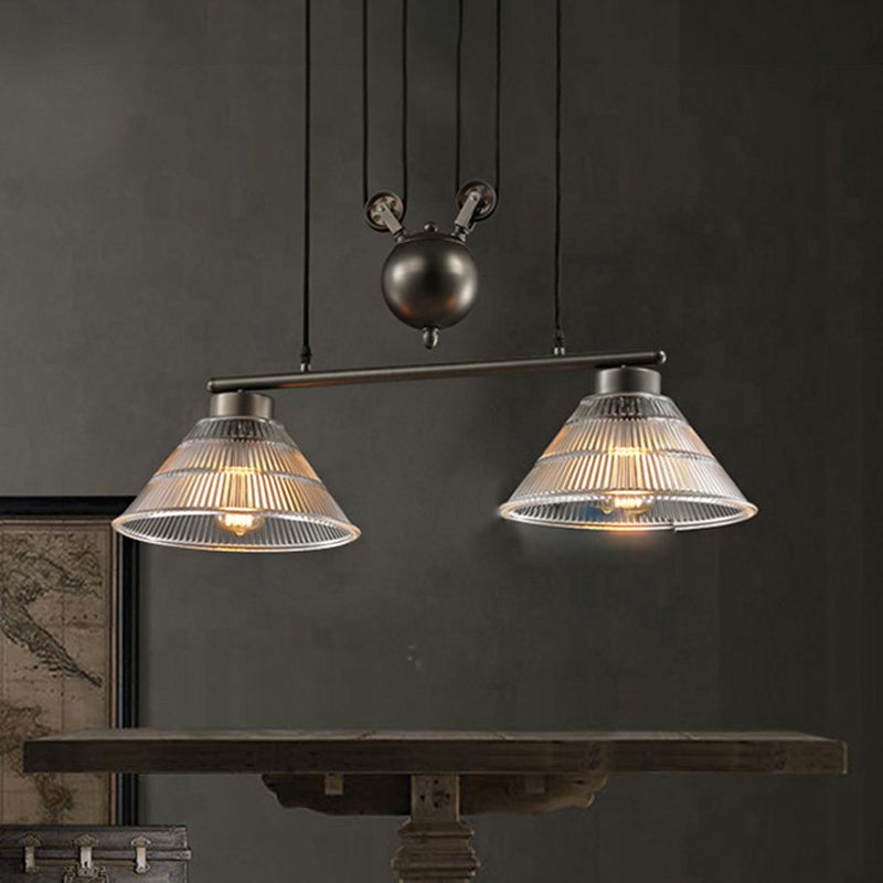 Adjustable Pulley Industrial Cone Pendant With Prismatic Glass - Black 2/3-Light Island Lamp 2 /