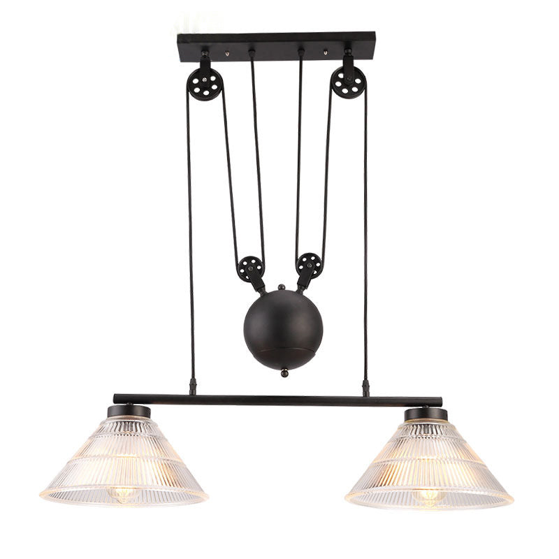 Adjustable Pulley Industrial Cone Pendant With Prismatic Glass - Black 2/3-Light Island Lamp