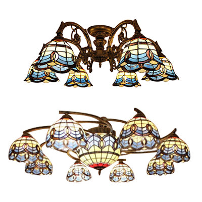 Vintage Blue Glass Tiffany Semi Flush Ceiling Light With 6/9 Baroque Design Lights - Ideal For