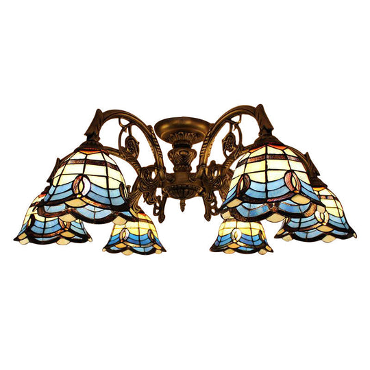 Vintage Blue Glass Tiffany Semi Flush Ceiling Light with 6/9 Baroque Design Lights - Ideal for Living Room Décor