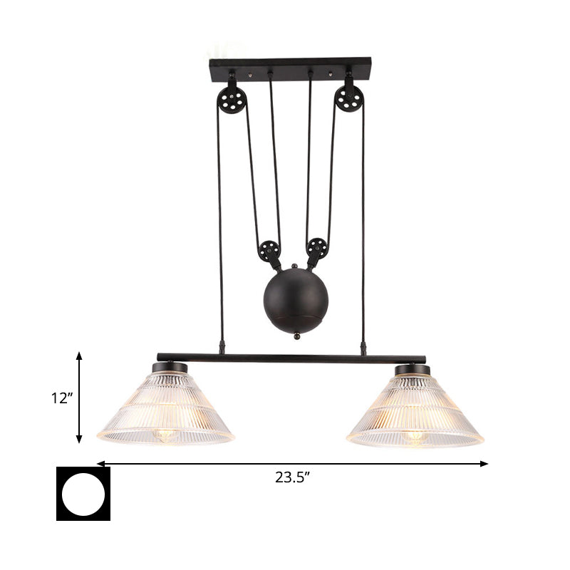 Adjustable Pulley Industrial Cone Pendant With Prismatic Glass - Black 2/3-Light Island Lamp