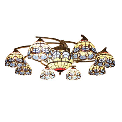 Vintage Blue Glass Tiffany Semi Flush Ceiling Light With 6/9 Baroque Design Lights - Ideal For