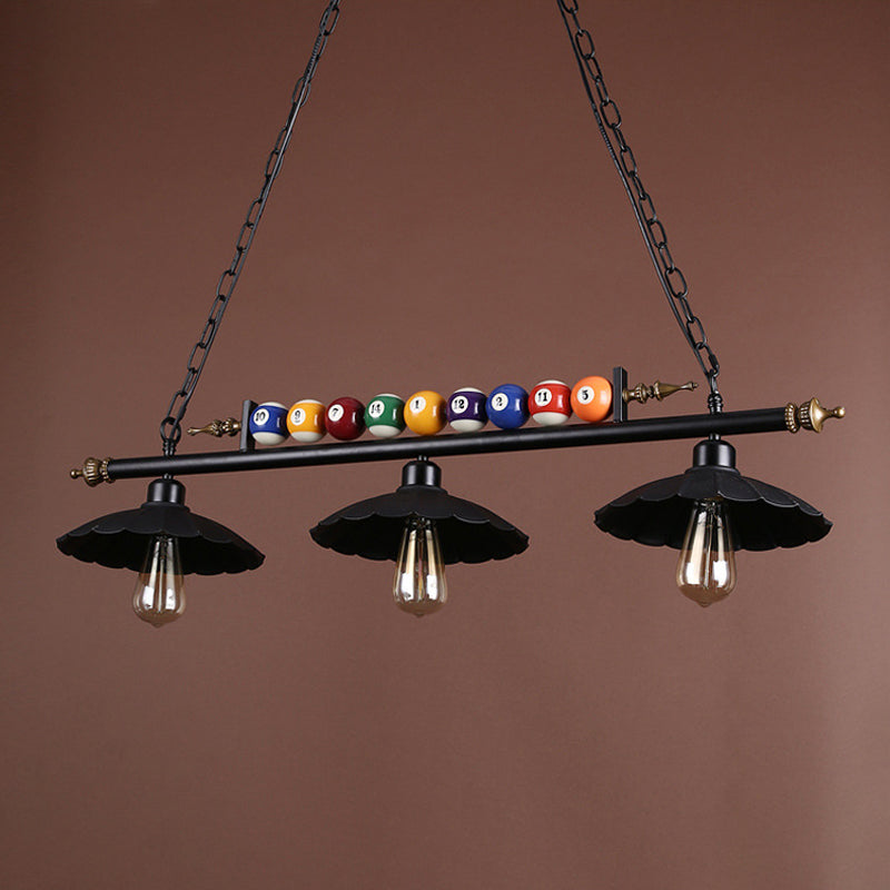 Vintage Black Pool Table Light With Scalloped Design 2/3-Light & Billiard Ball Decoration