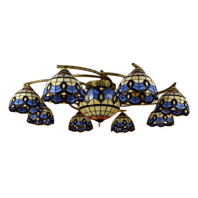 Vintage Blue Glass Tiffany Semi Flush Ceiling Light With 6/9 Baroque Design Lights - Ideal For