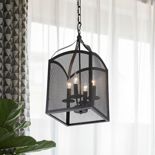 Vintage-Style Black Metal Pendant Ceiling Lamp with Adjustable Caged Mesh Screen - 4/5 Lights