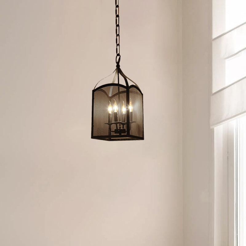 Vintage Style 4/5 Lights Caged Pendant With Adjustable Mesh Screen - Black Metal Ceiling Lamp