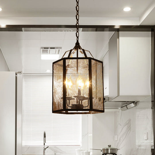 Vintage-Style Black Metal Pendant Ceiling Lamp with Adjustable Caged Mesh Screen - 4/5 Lights