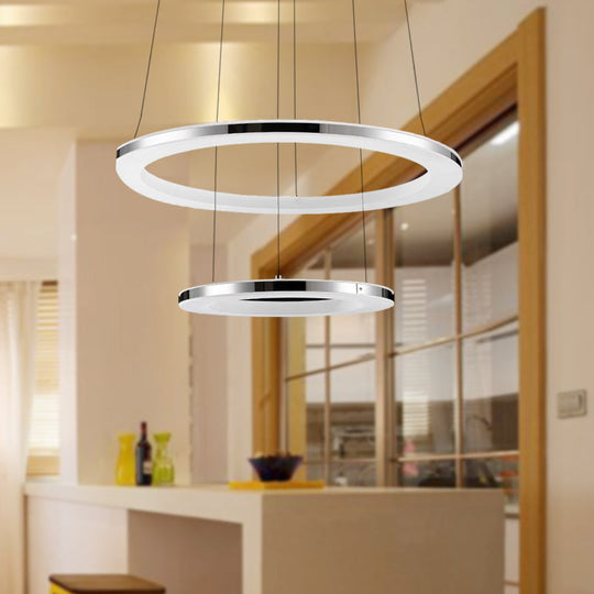 Contemporary Led Acrylic Round Ceiling Pendant Chandelier - 1/2/3-Head Silver Warm/White Light