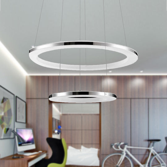 Contemporary Led Acrylic Round Ceiling Pendant Chandelier - 1/2/3-Head Silver Warm/White Light