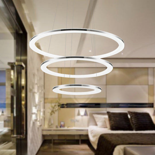 Contemporary Led Acrylic Round Ceiling Pendant Chandelier - 1/2/3-Head Silver Warm/White Light /