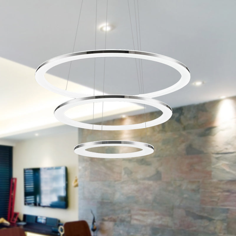 Contemporary Led Acrylic Round Ceiling Pendant Chandelier - 1/2/3-Head Silver Warm/White Light