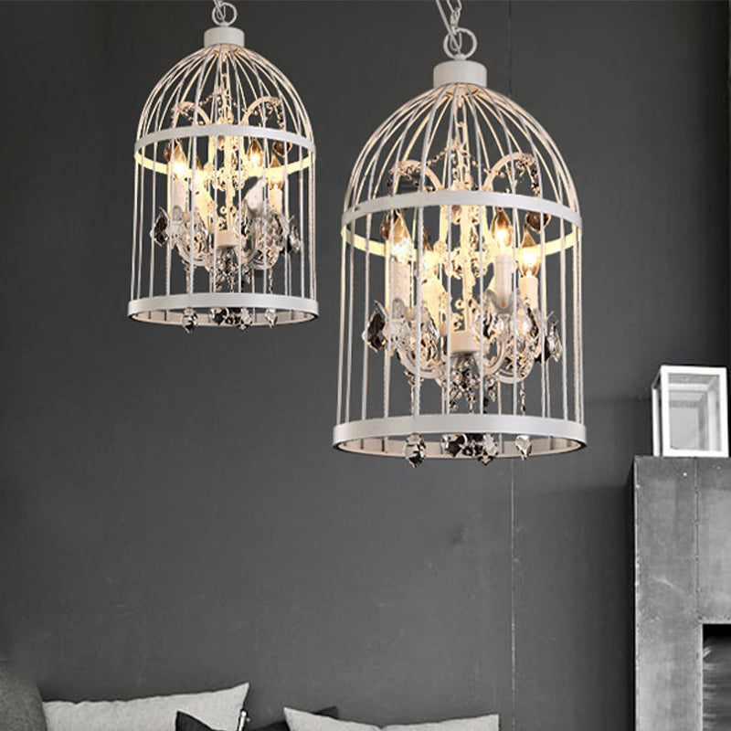 Vintage Style 4-Head Birdcage Chandelier in Black/White/Rust Iron – Elegant Hanging Lamp with Candle and Crystal Deco for Living Room