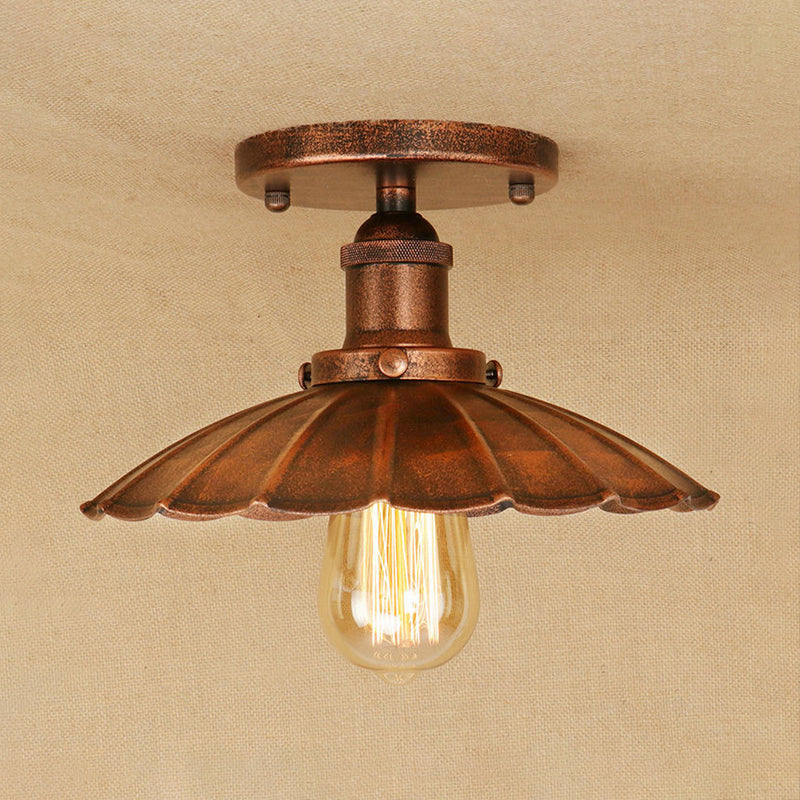 Antique-Style Scalloped Shade Semi Flush Mount Lighting - 1-Head Iron Fixture In Rust/Black For