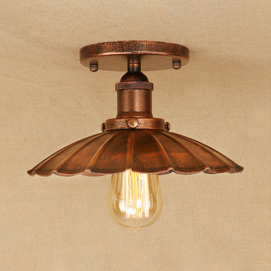 Antique Style 1-Head Iron Semi Flush Light With Rust/Black Scalloped Shade - Balcony Mount Lighting