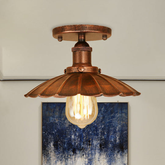 Antique Style 1-Head Iron Semi Flush Light With Rust/Black Scalloped Shade - Balcony Mount Lighting