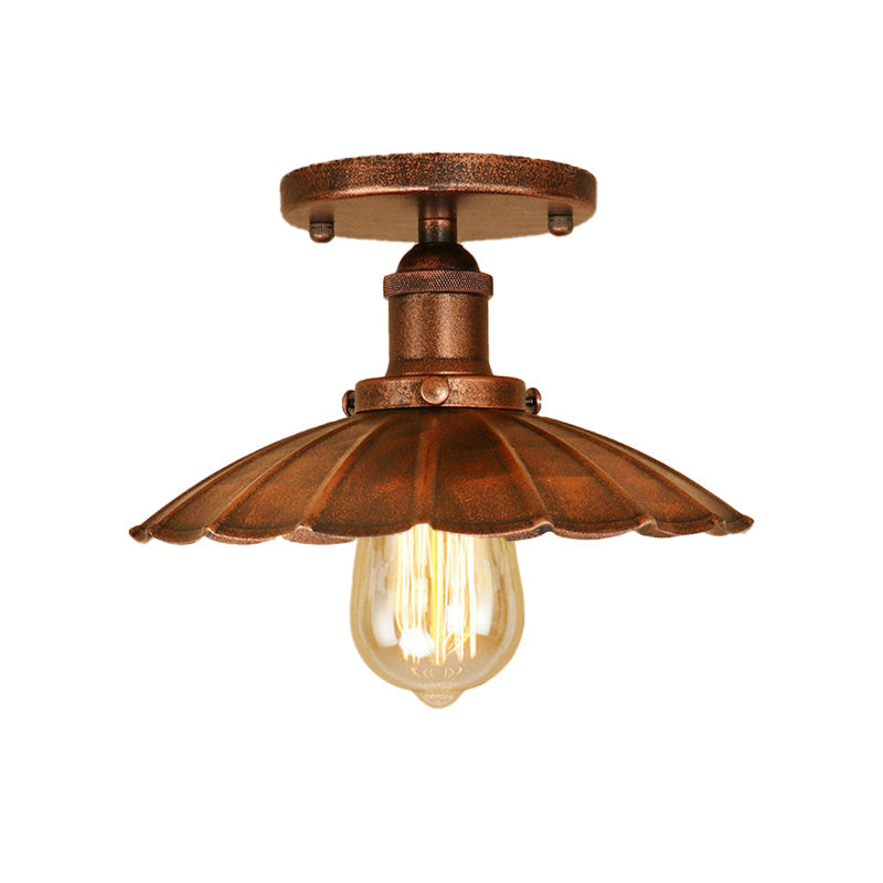 Antique Style 1-Head Iron Semi Flush Light With Rust/Black Scalloped Shade - Balcony Mount Lighting