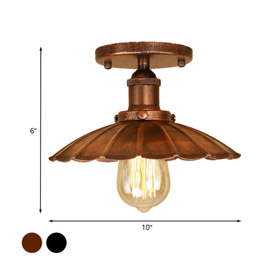 Antique Style 1-Head Iron Semi Flush Light With Rust/Black Scalloped Shade - Balcony Mount Lighting