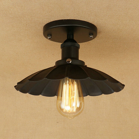 Antique-Style Scalloped Shade Semi Flush Mount Lighting - 1-Head Iron Fixture In Rust/Black For