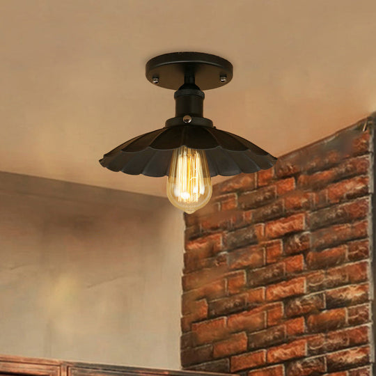 Antique-Style Scalloped Shade Semi Flush Mount Lighting - 1-Head Iron Fixture in Rust/Black for Balconies