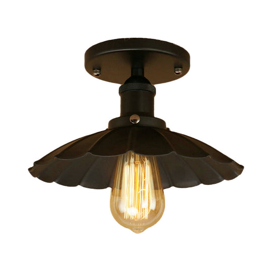 Antique-Style Scalloped Shade Semi Flush Mount Lighting - 1-Head Iron Fixture In Rust/Black For