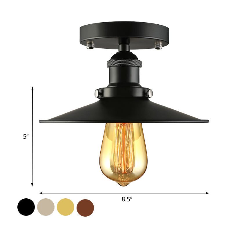 Vintage Metal Semi Flush Light with Black/Brass Flat Shade for Kitchen - 1 Bulb