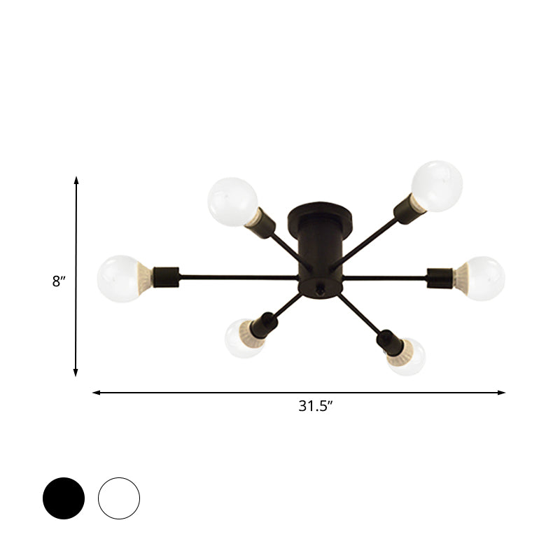 6/8 Head Retro Metal Ceiling Light Fixture - Semi Flush Mount Lighting for Bedroom in Black/White