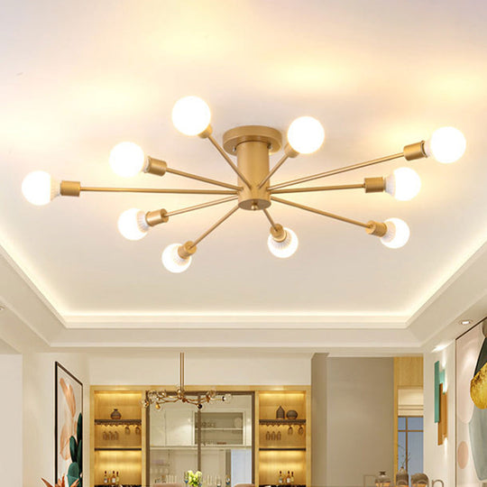 Semi Flush Mount Industrial Gold Metal Ceiling Light Fixture - Exposed Lights Ideal For Living Room