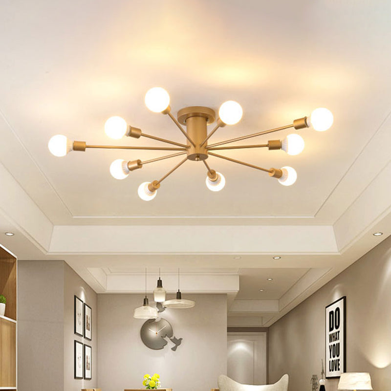 Semi Flush Mount Industrial Gold Metal Ceiling Light Fixture - Exposed Lights Ideal For Living Room