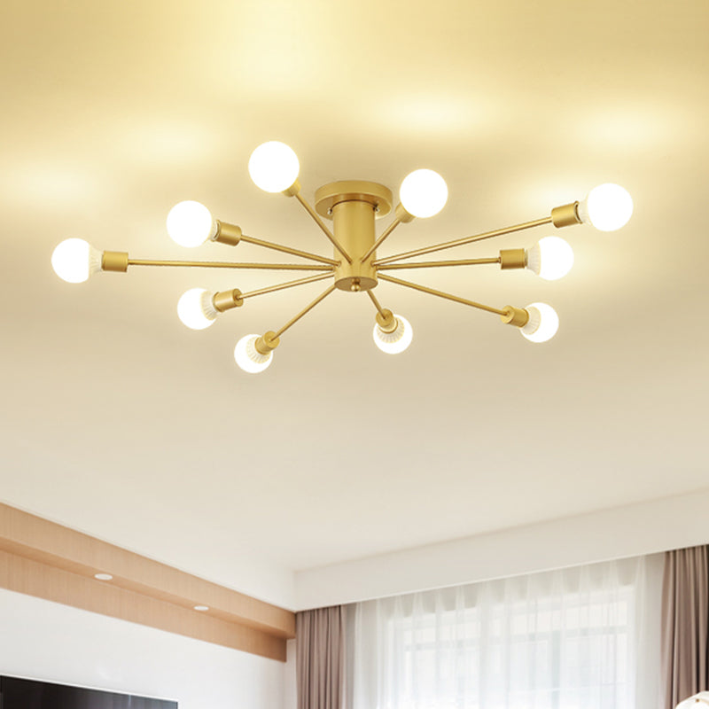 Semi Flush Mount Industrial Gold Metal Ceiling Light Fixture - Exposed Lights Ideal For Living Room