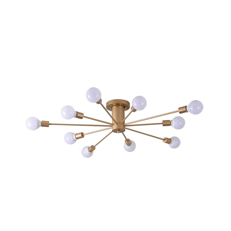 Semi Flush Mount Industrial Gold Metal Ceiling Light Fixture - Exposed Lights Ideal For Living Room