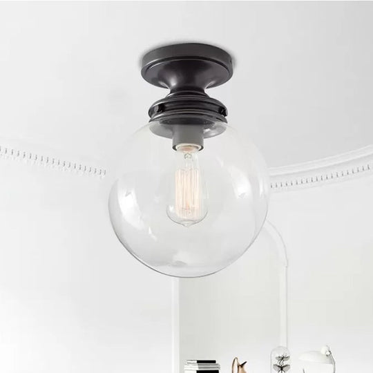 Semi Flush Mount Industrial Clear Glass Ceiling Light in Black for Kitchen - Single Bulb