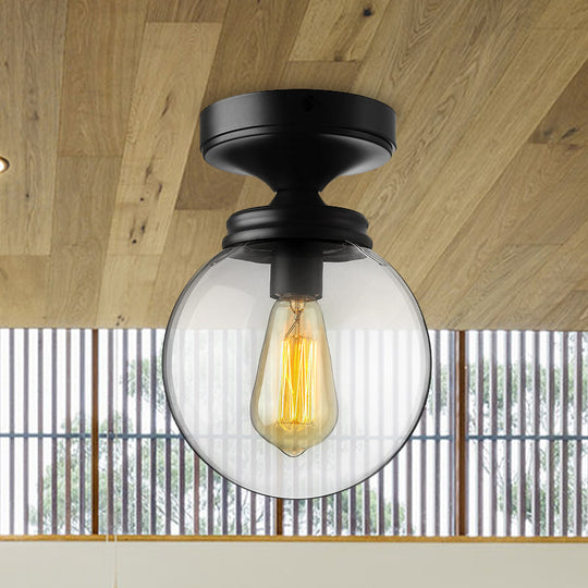 Semi Flush Mount Industrial Clear Glass Ceiling Light In Black For Kitchen - Single Bulb