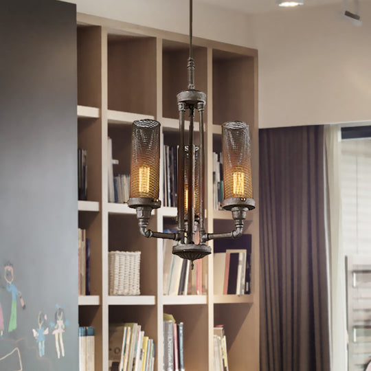 Farmhouse Style Pewter Iron Chandelier With Tube Lights And Mesh Cylinder Shade - 3/5/8 Available 3