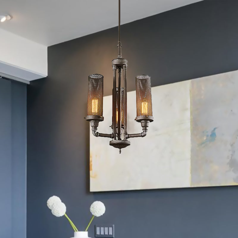 Farmhouse Style Pewter Iron Chandelier with Tube Hanging Lamp - 3/5/8 Lights, Cylinder Mesh Shade