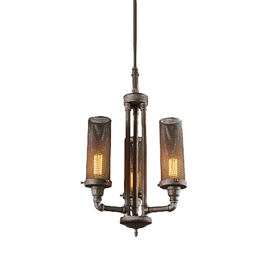 Farmhouse Style Pewter Iron Chandelier with Tube Hanging Lamp - 3/5/8 Lights, Cylinder Mesh Shade