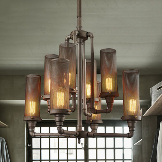 Farmhouse Style Pewter Iron Chandelier with Tube Hanging Lamp - 3/5/8 Lights, Cylinder Mesh Shade