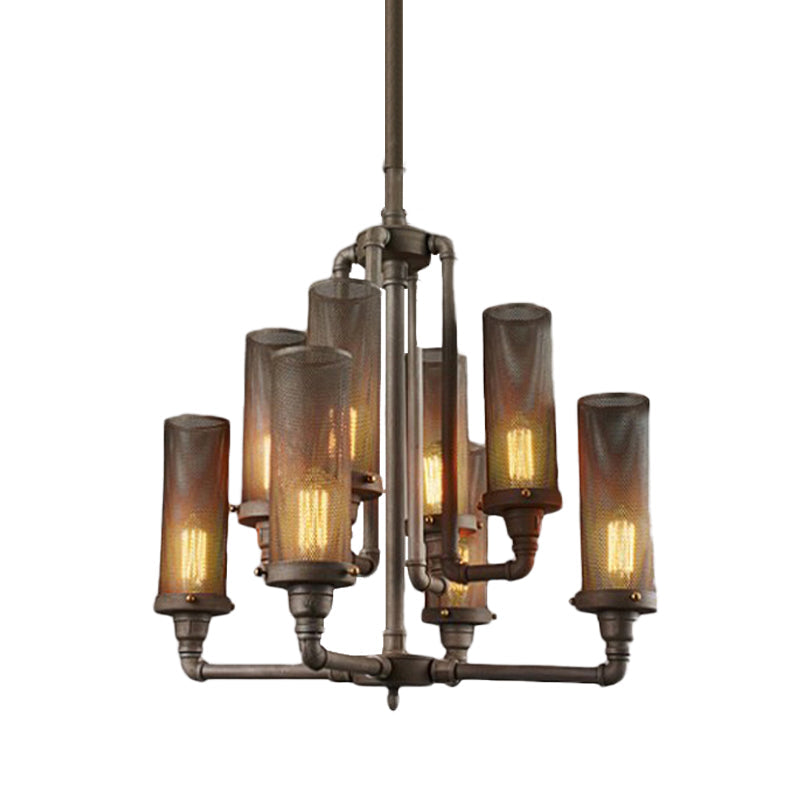 Farmhouse Style Pewter Iron Chandelier with Tube Hanging Lamp - 3/5/8 Lights, Cylinder Mesh Shade