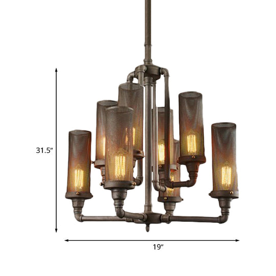 Farmhouse Style Pewter Iron Chandelier with Tube Hanging Lamp - 3/5/8 Lights, Cylinder Mesh Shade