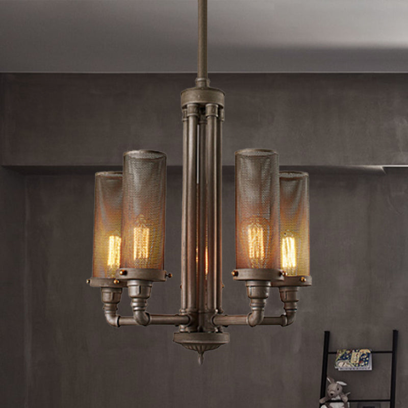 Farmhouse Style Pewter Iron Chandelier with Tube Hanging Lamp - 3/5/8 Lights, Cylinder Mesh Shade