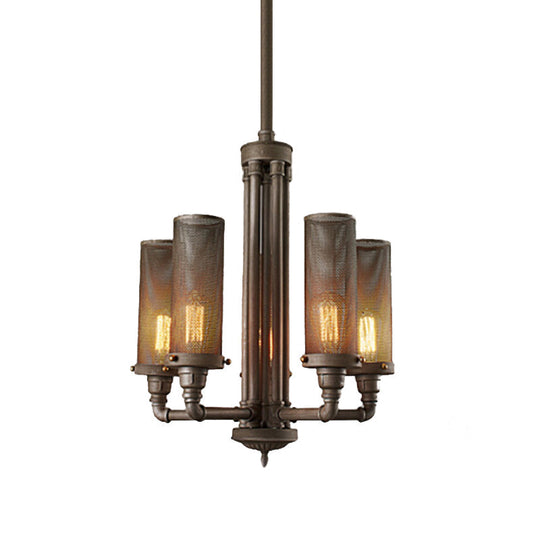 Farmhouse Style Pewter Iron Chandelier With Tube Lights And Mesh Cylinder Shade - 3/5/8 Available