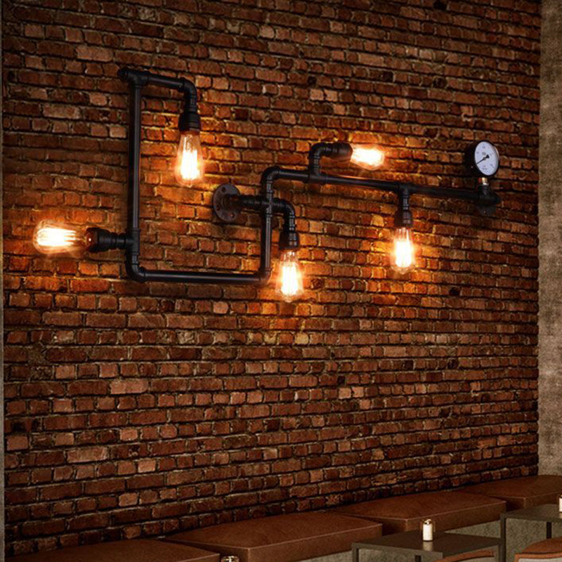 Vintage Industrial Maze Pipe Restaurant Sconce - 5-Bulb Copper Wall Mount Lighting With Gauge Deco