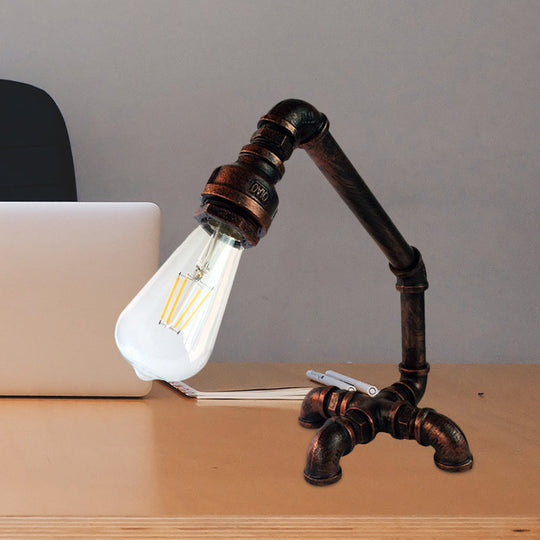 Vintage Metal Bare Bulb Desk Light With Cross Pipe Base - Rust/Black Bedroom Table Lamp