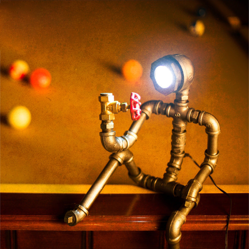 Industrial Thinking Robot Led Table Light In Silver With Red Valve - Plug-In Night Lamp