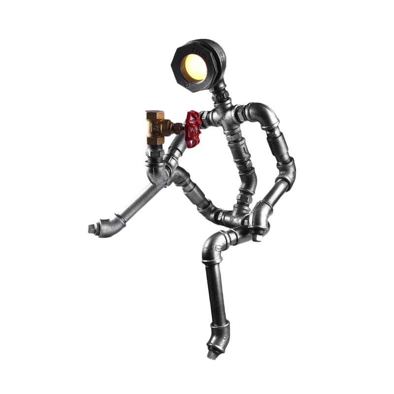 Industrial Thinking Robot Led Table Light In Silver With Red Valve - Plug-In Night Lamp