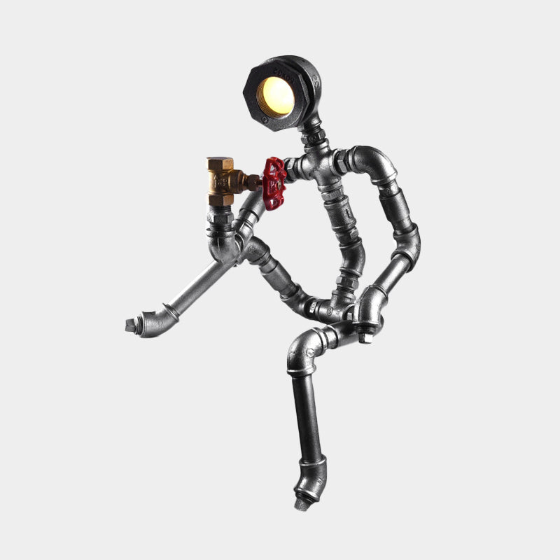 Industrial Thinking Robot Led Table Light In Silver With Red Valve - Plug-In Night Lamp