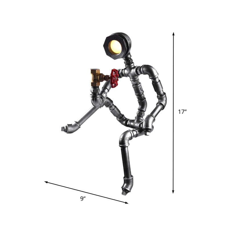 Industrial Thinking Robot Led Table Light In Silver With Red Valve - Plug-In Night Lamp