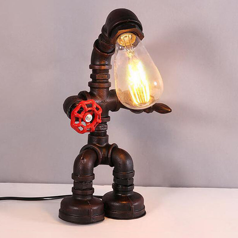 Vintage Metallic Robot Bedside Nightlight: 1-Bulb Bronze Finish Desk Lamp With Red Valve Deco