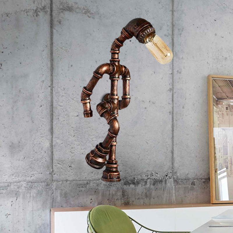 Industrial Metal Bronze Wall Sconce Light: Standing Human Shape 1-Bulb Pipe Lamp