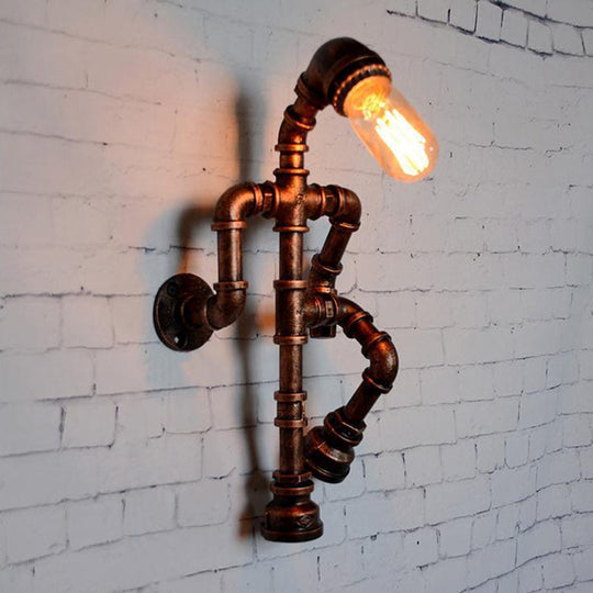 Industrial Metal Bronze Wall Sconce Light: Standing Human Shape 1-Bulb Pipe Lamp